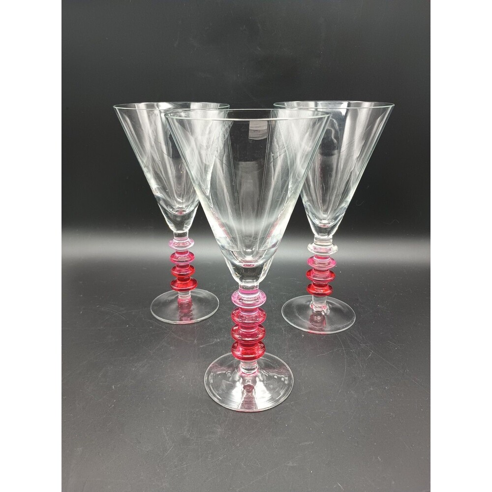 Three Pier 1 Goblets / Wine Glasses - 9" High w Pink Ring Stems